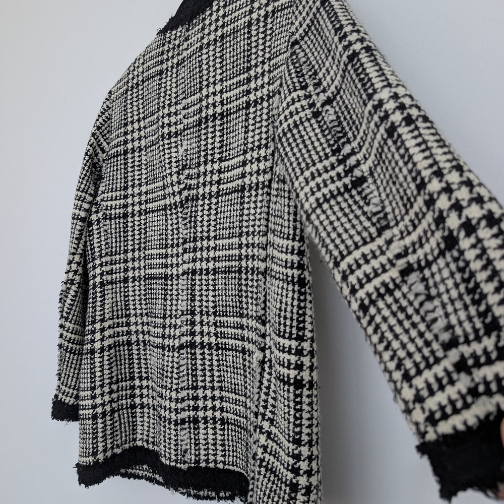 Zara Wool Blend Long Tweed Plaid Houndstooth Lady Jacket Blazer Sz XL Elegant - Picture 13 of 16